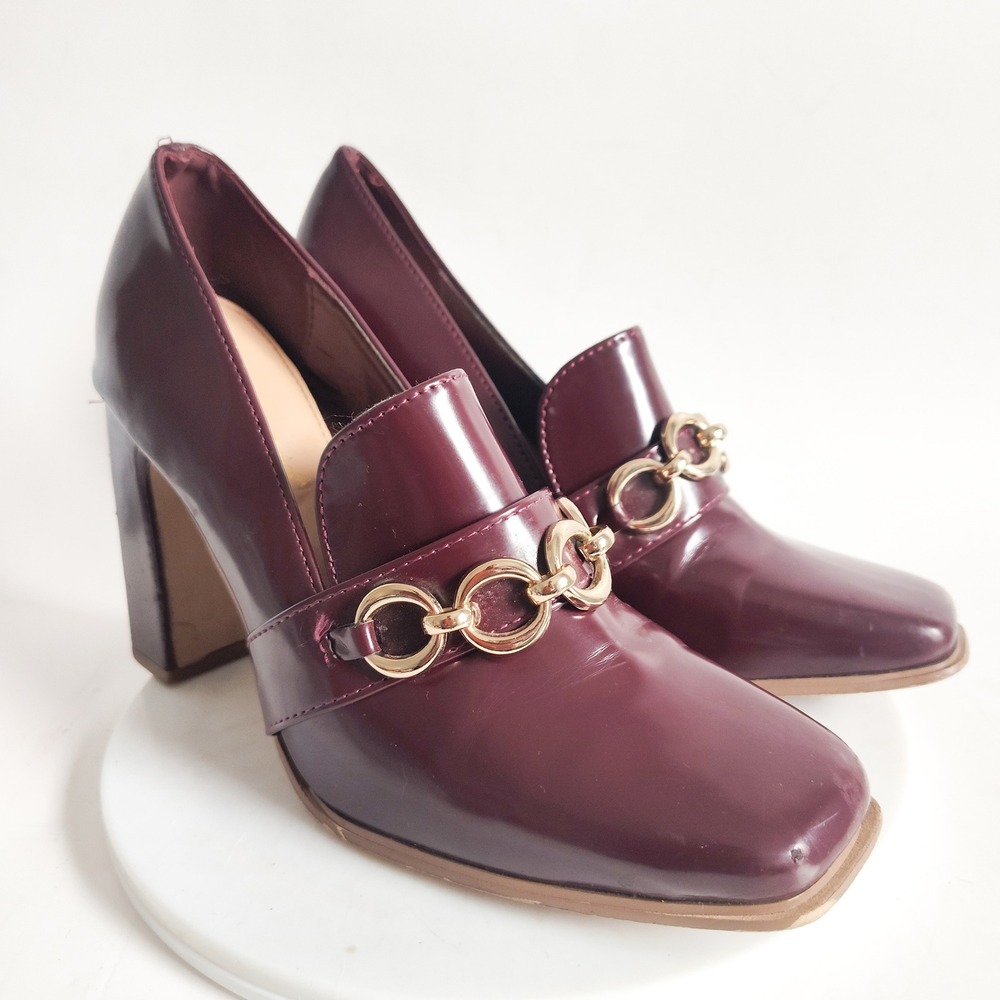 ShoeDazzle Loafers 7 M Pumps Heeled Burgundy Chain Block Heel Square Toe‎ Yelena